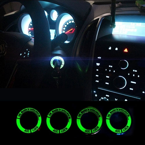 Green illuminated ignition key ring set showing ACC and LOCK markings on circular rings