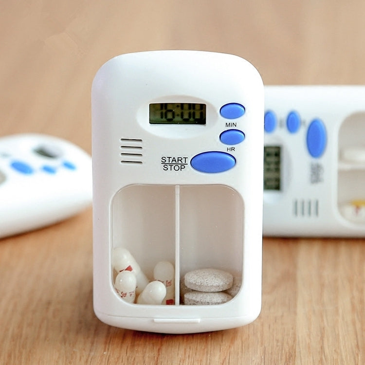 Smart pill reminder timer box with digital screen and blue start/stop buttons