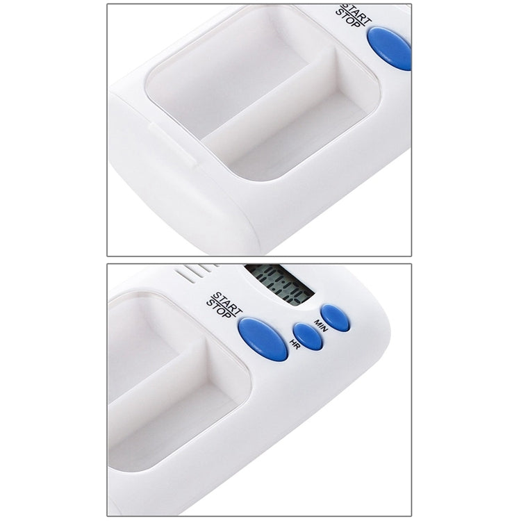 Smart pill reminder timer box with open compartment and control buttons on top
