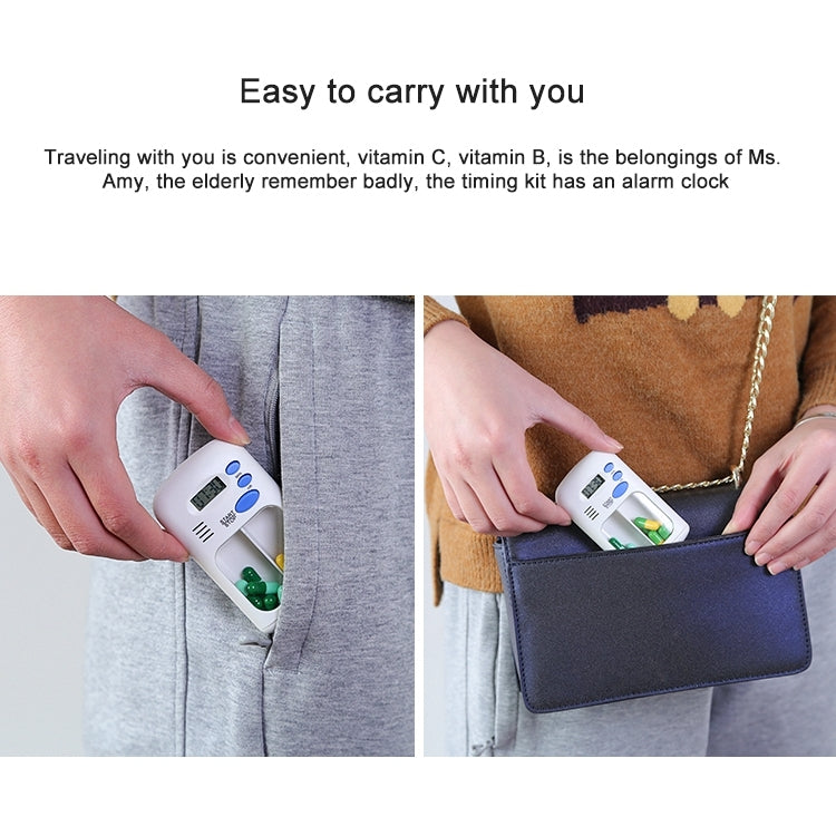 Smart pill reminder timer box carried in jacket pocket and held near a bag