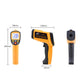 Orange infrared thermometer with LCD, shown with size dimensions and probe layout