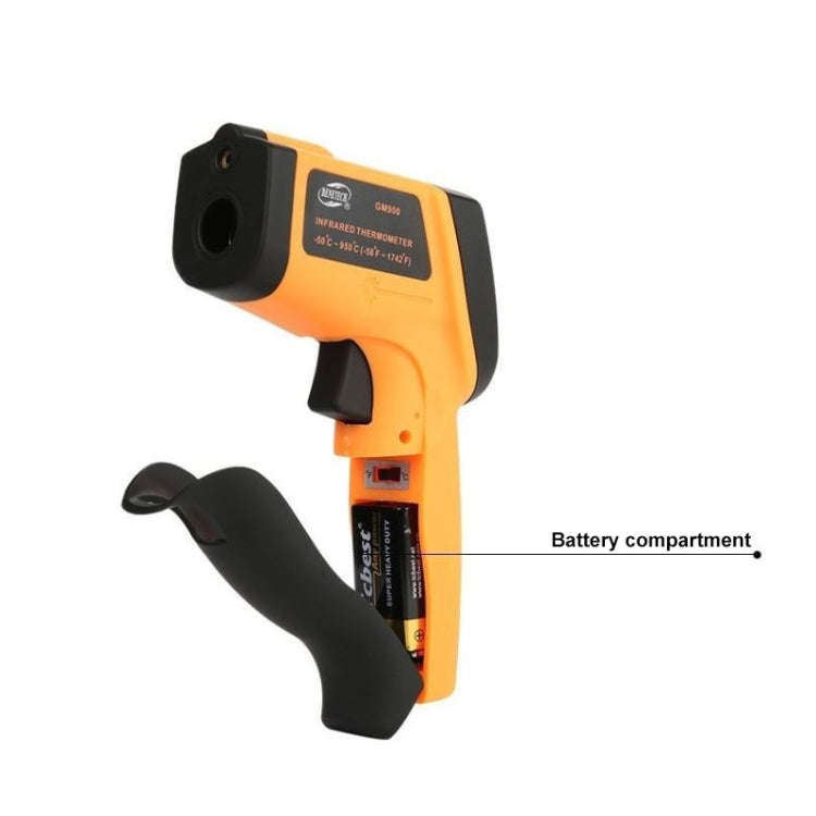 Orange handheld infrared thermometer with rear housing and battery compartment area
