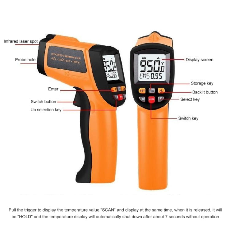Orange infrared thermometer with LCD screen, probe hole, and multi-button control panel