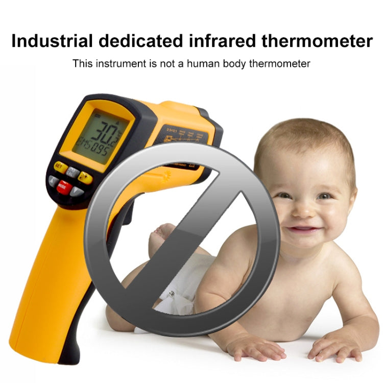 Industrial infrared thermometer with yellow handle and small LCD temperature display