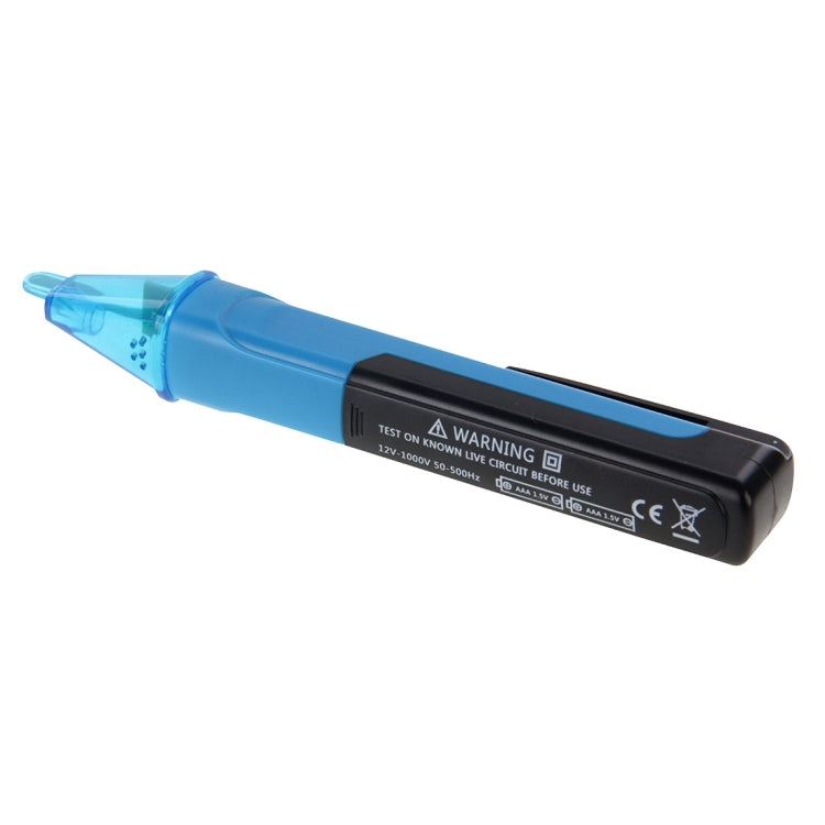 Blue and black non-contact AC voltage detector with warning label on handle