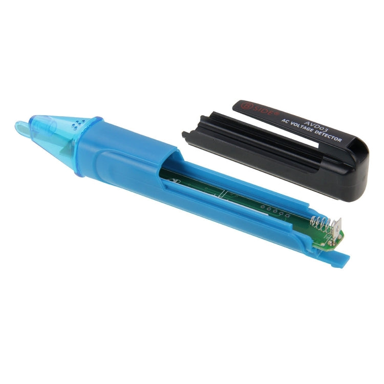 Blue non-contact AC voltage detector with open housing showing internal circuit board