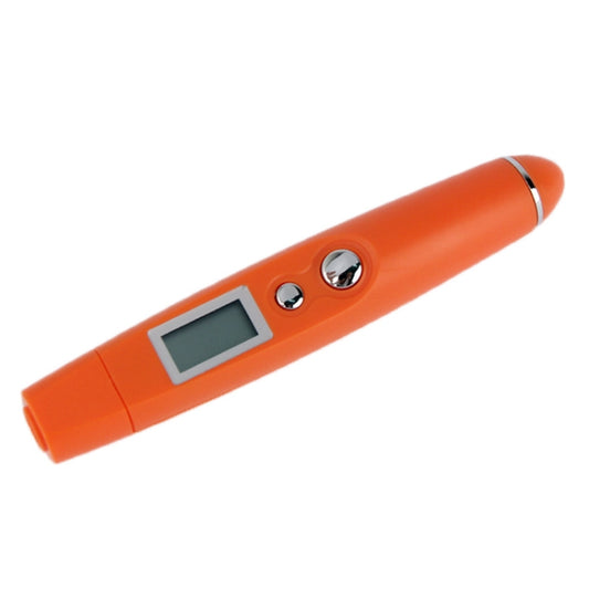 Orange infrared thermometer with LCD screen and two round side buttons
