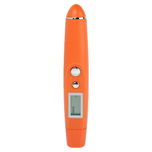 Orange non-contact infrared thermometer with LCD screen and two side buttons