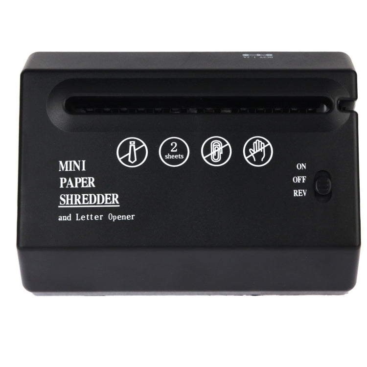 Black mini paper shredder control panel with 2-sheet icon, ON/OFF and REV buttons