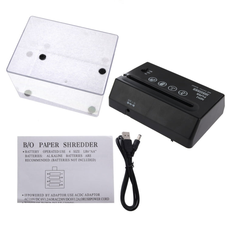 Mini paper shredder accessories set: clear cover, black power adapter, cord, and label