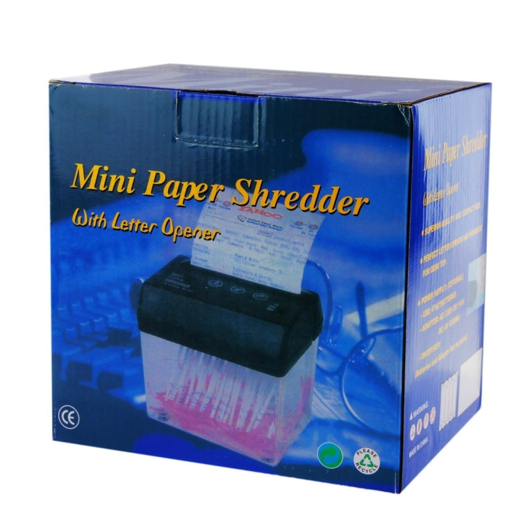 Retail box for mini paper shredder with letter opener, blue packaging with product image
