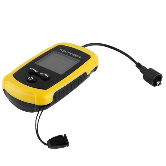 Portable fish finder unit with side profile, yellow-and-black body and probe cable