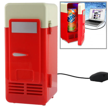 Red and cream mini USB beverage cooler/heater with front display and vent grille