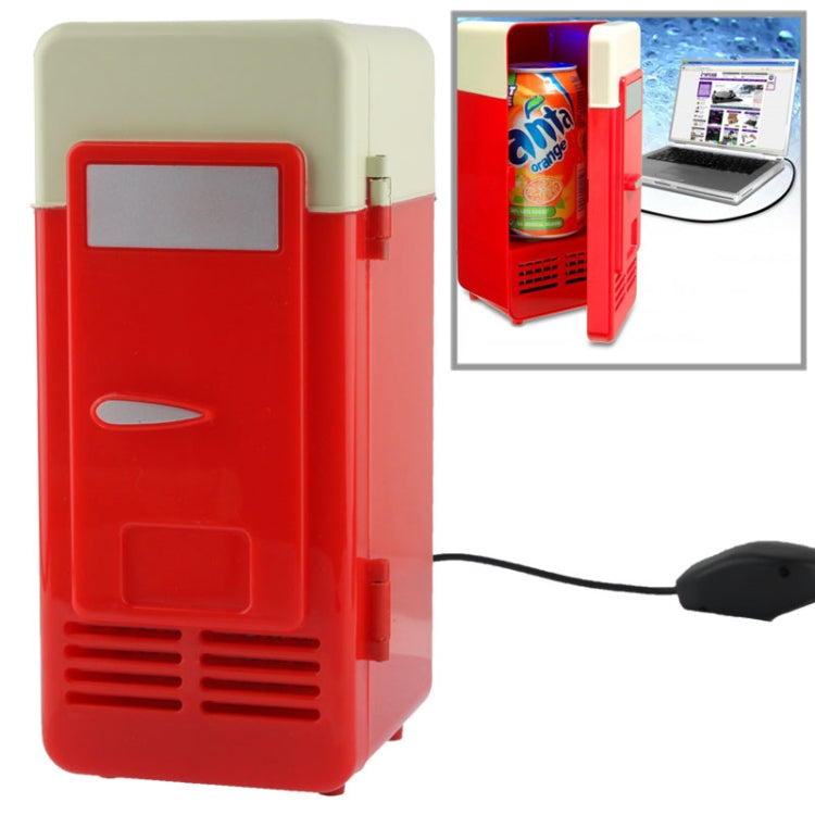 Red mini USB beverage cooler/heater with open side panel and front display