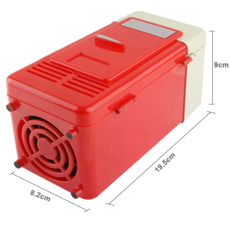 Red mini USB beverage cooler/heater with top control area and rear fan grill