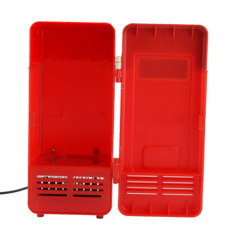 Mini USB beverage cooler/heater in red with open door and bottom vent slots