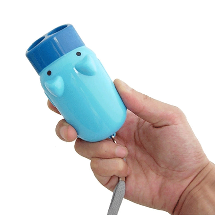 Blue animal-shaped emergency LED flashlight with wrist strap, held in hand