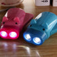 Pink and blue animal-shaped emergency LED flashlights with straps, lights on