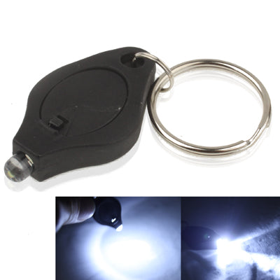 Black mini LED keychain flashlight with metal key ring and small LED lens