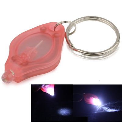 Pink mini LED keychain flashlight with metal key ring; inset shows pink light beam