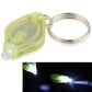 Yellow-green mini LED keychain flashlight with metal key ring; inset shows green light beam