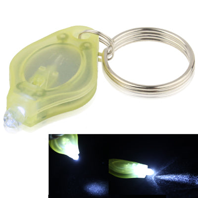 Yellow-green mini LED keychain flashlight with metal key ring; inset shows green light beam