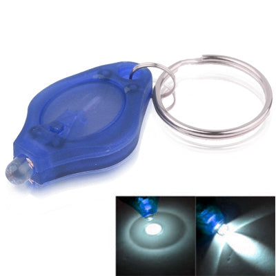 Blue mini LED keychain flashlight with key ring; inset shows white light beam