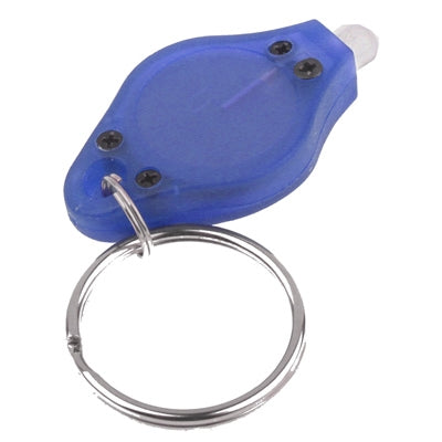 Blue mini LED keychain flashlight with metal key ring and small clear LED lens