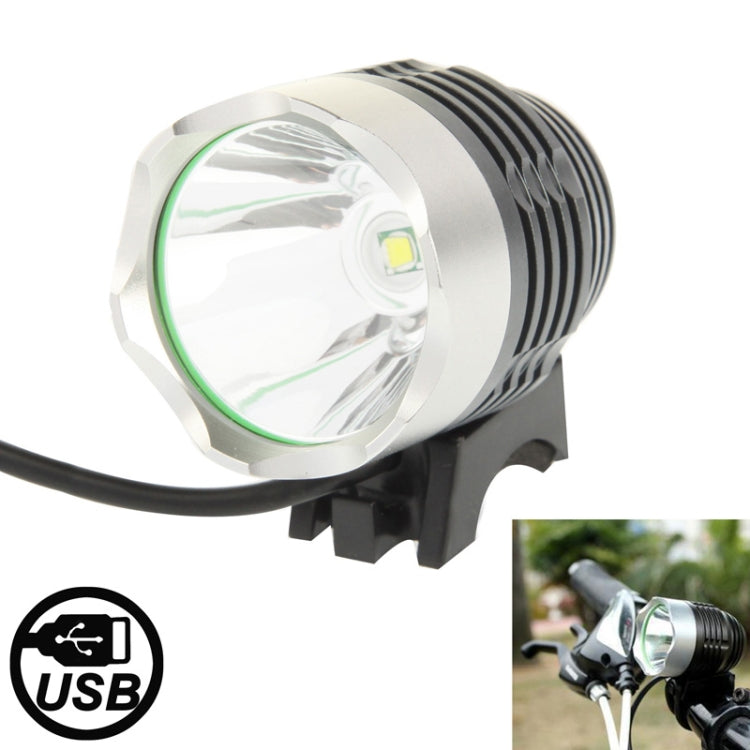 USB rechargeable bicycle headlamp light with silver LED housing and green accent ring