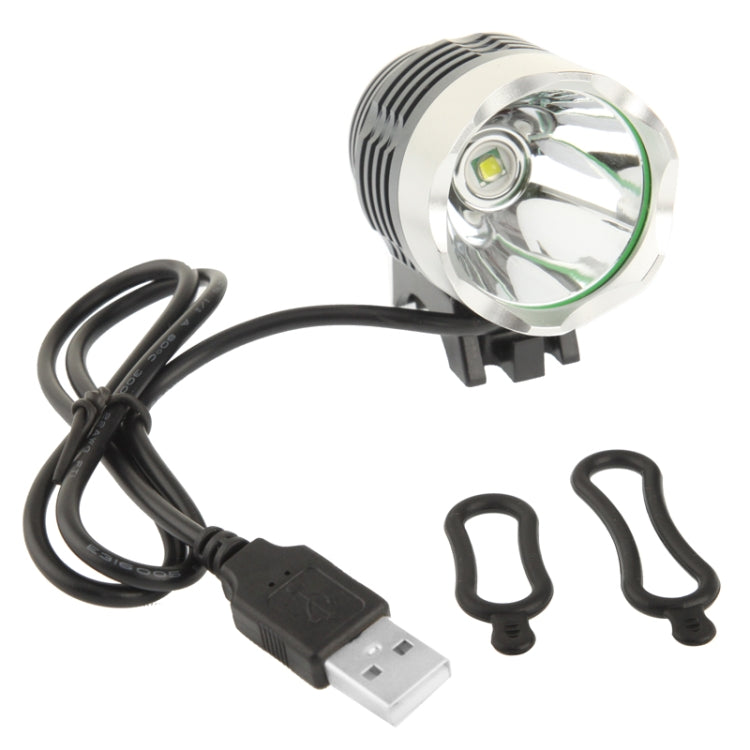 Bicycle headlamp light kit with USB cable, mounting straps, and silver LED front