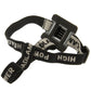 Close-up head strap with black webbing, gray bands, and front buckle