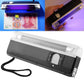 Handheld UV blacklight verifier showing black control panel and clear protective casing