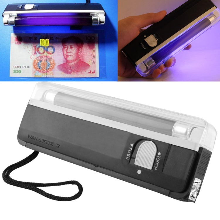 Handheld UV blacklight verifier showing black control panel and clear protective casing
