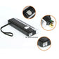 Black handheld UV security light with clear housing and lanyard; close-up feature view