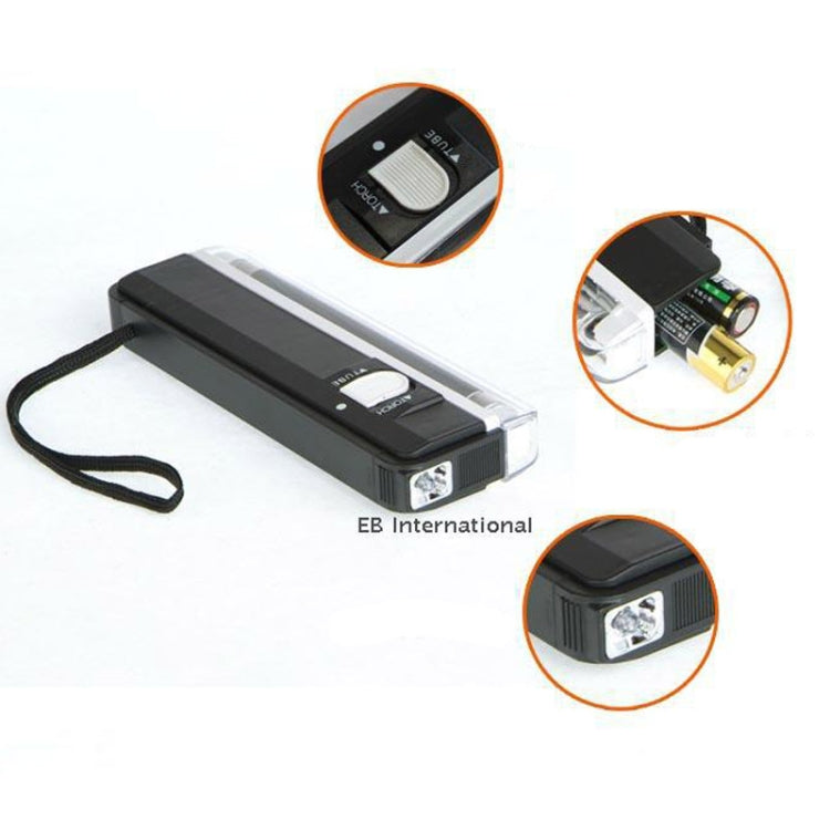 Black handheld UV security light with clear housing and lanyard; close-up feature view