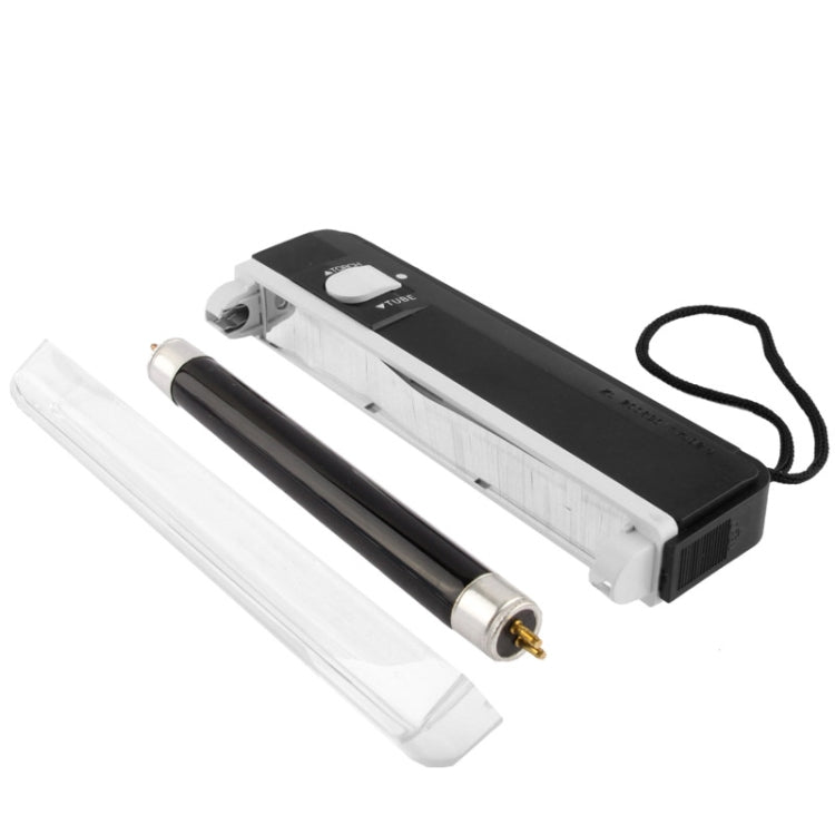 Handheld UV blacklight device with clear cover, integrated light window, and lanyard