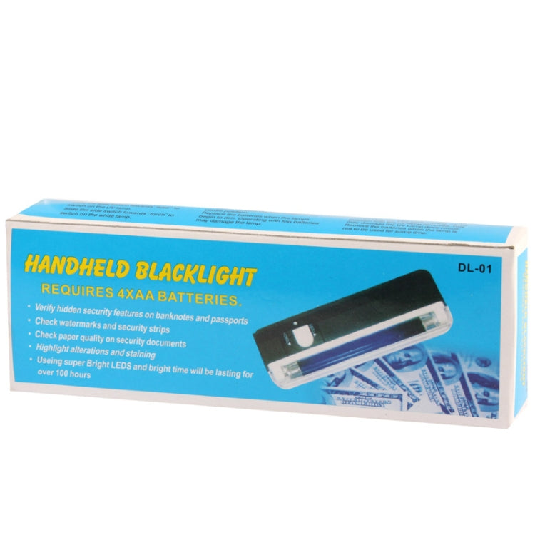 HANDFIELD blacklight handheld verifier product box with DL-01 label and UV light features