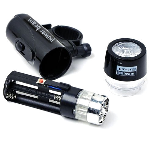 Bike LED headlight and red rear reflector light on black mounts
