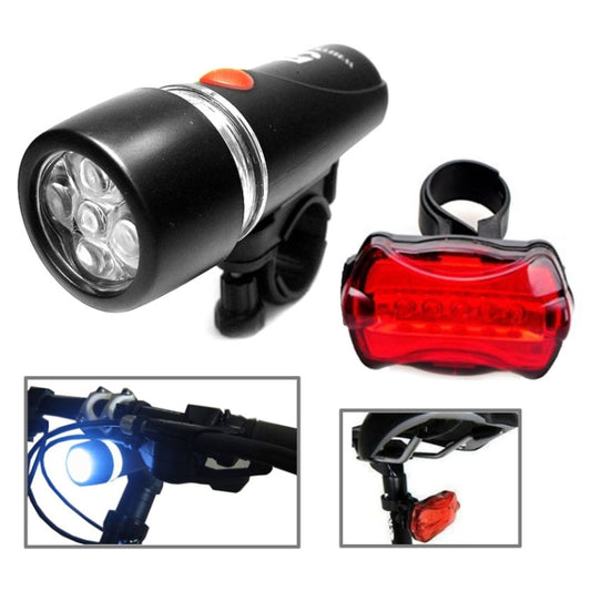 Black bike LED headlight with silver ring and red rear safety light