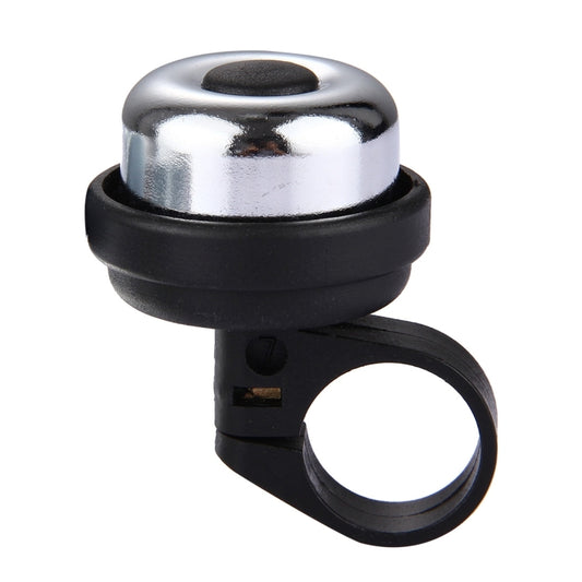 Mini bicycle bell with chrome dome and black handlebar clamp