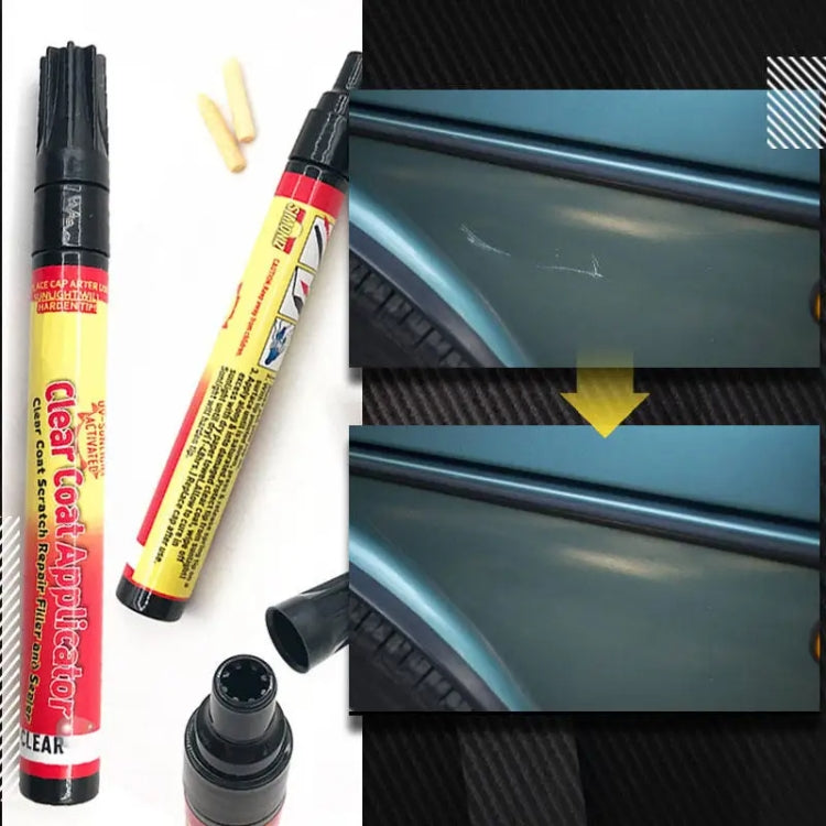 Clear coat scratch repair pen shown with applicator cap and filler sticks