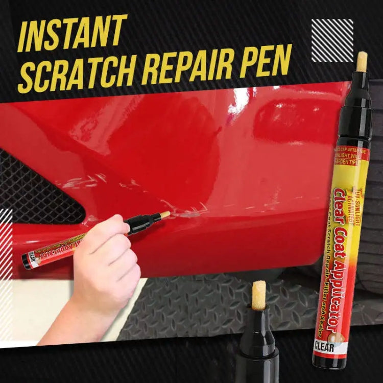 Clear coat scratch repair pen with applicator tip and cap on a car body