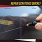 Clear coat scratch repair pen applying filler over a thin scratch (before/after layout)