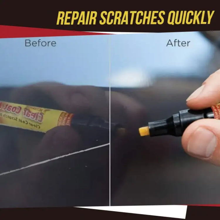 Clear coat scratch repair pen applying filler over a thin scratch (before/after layout)