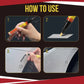 Clear coat scratch repair pen illustrated in use steps with applicator tip