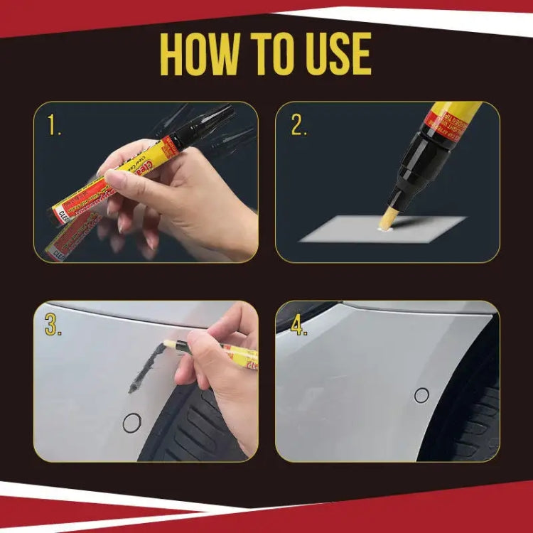 Clear coat scratch repair pen illustrated in use steps with applicator tip