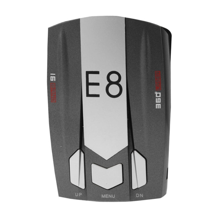 Black and gray radar detector with E8 logo and front control buttons