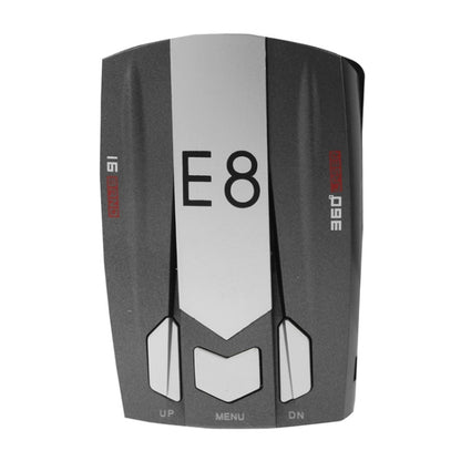 Black and gray radar detector with E8 logo and front control buttons