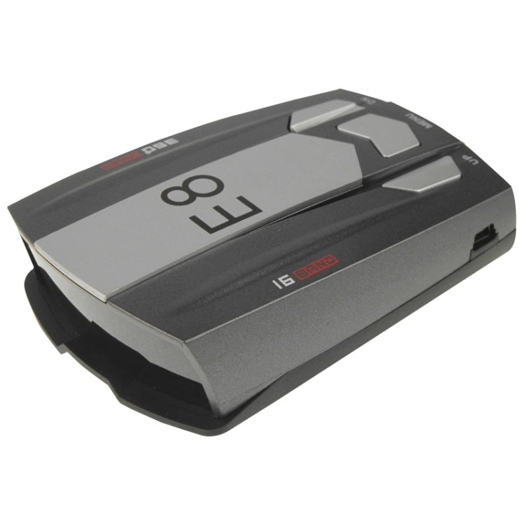 Top view radar detector unit with E8 label and raised control tabs