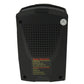 Back view radar detector with vented speaker grille and regulatory sticker